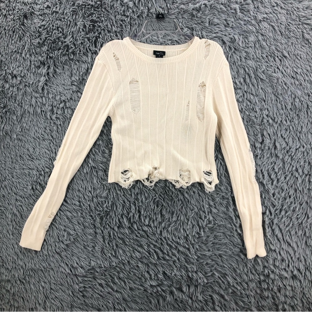 Rue21 Sweater Womens Medium Cropped Distressed Cozy Soft Long Sleeve Stretch